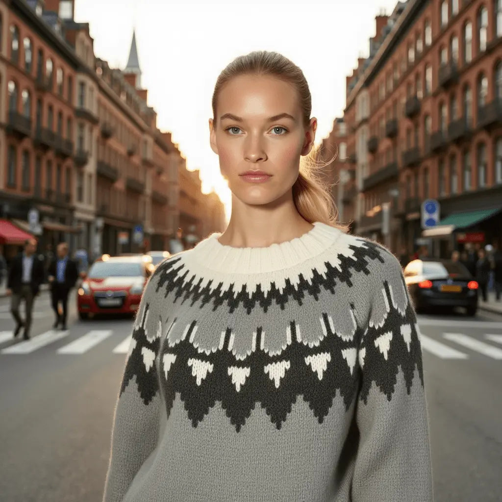 Hand Knitted Gray Chunky Women's Scandinavian Lopapeysa Sweater Fair Isle with a Black / White Nordic Patterned Yoke - EdelWear