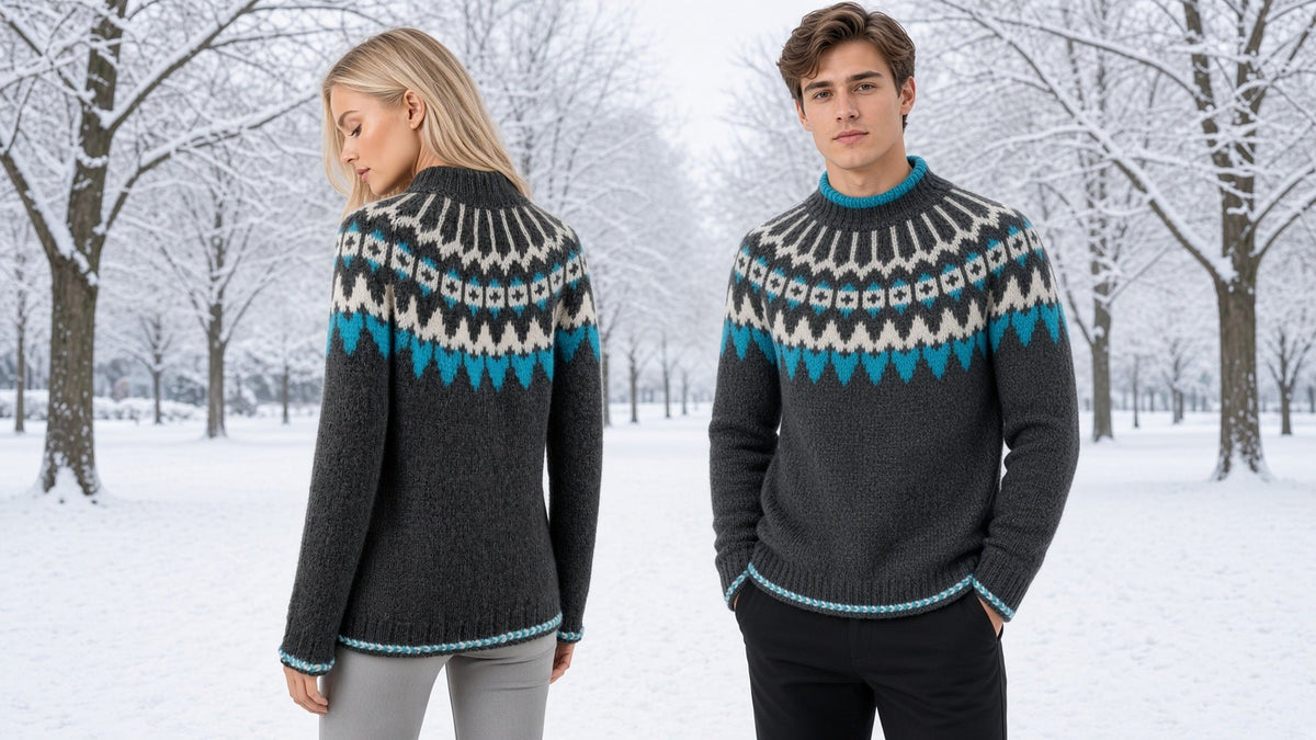 Hand Knitted Gray Scandinavian Unisex Alpaca Sweater Lopapeysa Fair Isle with White / Teal Nordic Patterned Yoke of Alpaca / Merino - EdelWear