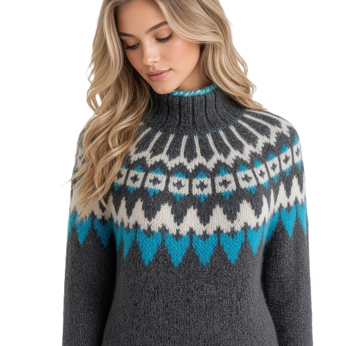 Hand Knitted Gray Scandinavian Unisex Alpaca Sweater Lopapeysa Fair Isle with White / Teal Nordic Patterned Yoke of Alpaca / Merino - EdelWear