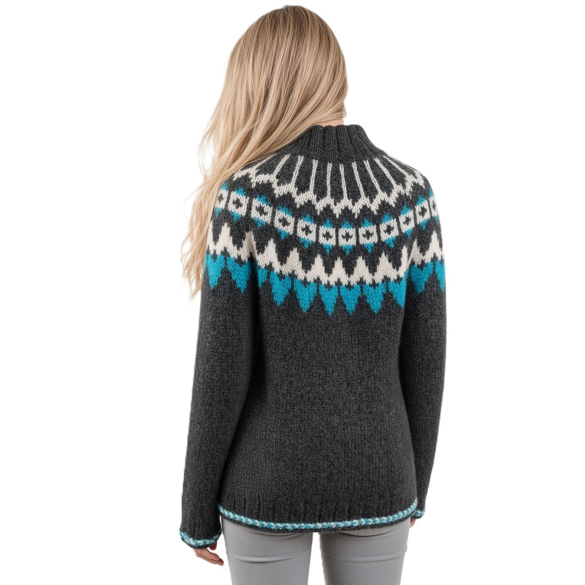 Hand Knitted Gray Scandinavian Unisex Alpaca Sweater Lopapeysa Fair Isle with White / Teal Nordic Patterned Yoke of Alpaca / Merino - EdelWear