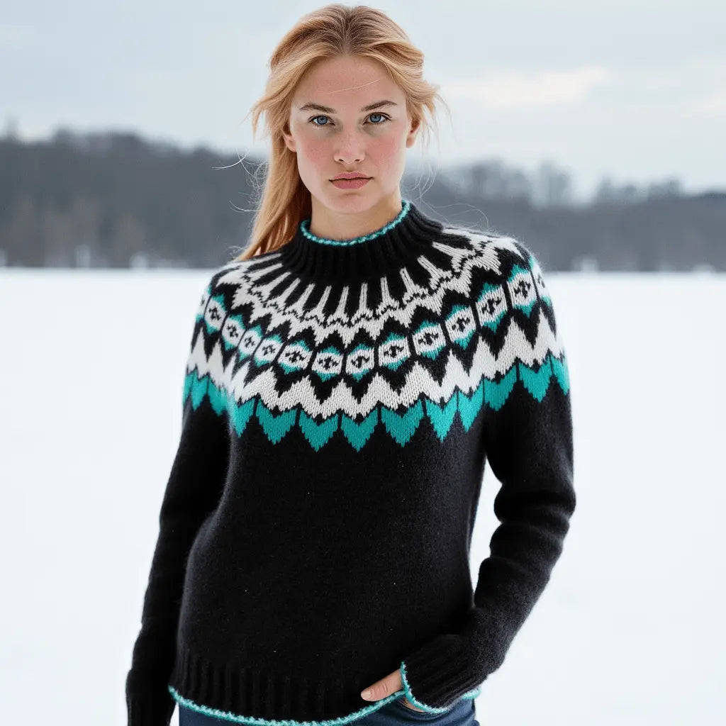 Hand Knitted Gray Unisex Scandinavian Lopapeysa Sweater Fair Isle with White / Teal Nordic Patterned Yoke of Alpaca / Merino - EdelWear