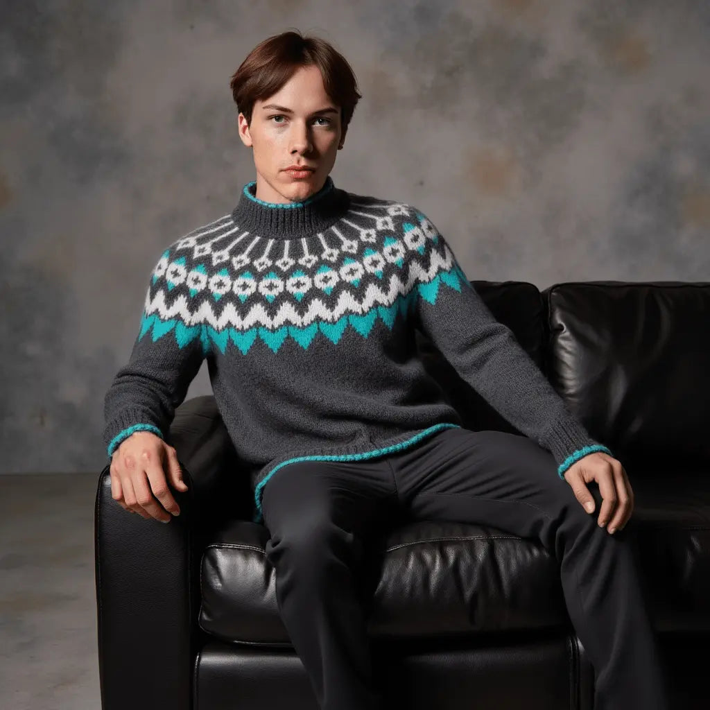 Hand Knitted Gray Unisex Scandinavian Lopapeysa Sweater Fair Isle with White / Teal Nordic Patterned Yoke of Alpaca / Merino - EdelWear