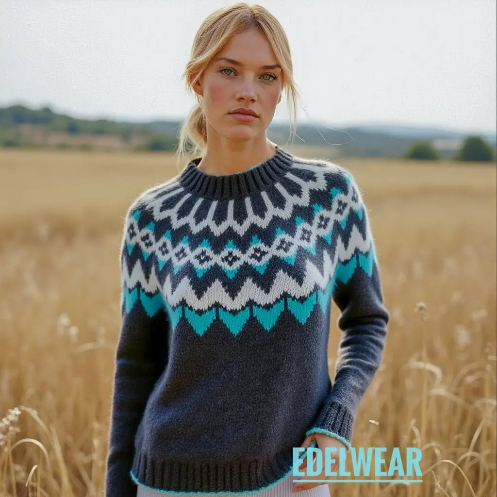 Hand Knitted Gray Unisex Scandinavian Lopapeysa Sweater Fair Isle with White / Teal Nordic Patterned Yoke of Alpaca / Merino - EdelWear