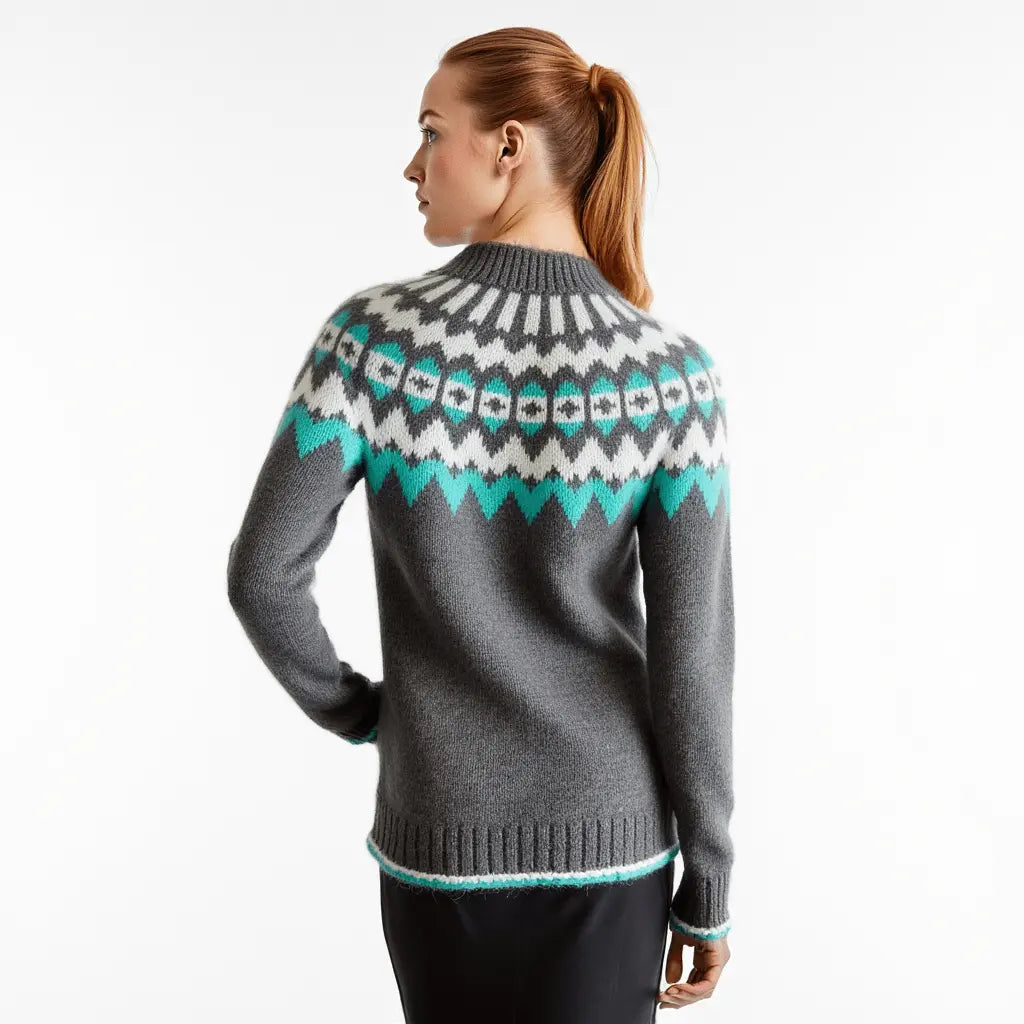 Hand Knitted Gray Unisex Scandinavian Lopapeysa Sweater Fair Isle with White / Teal Nordic Patterned Yoke of Alpaca / Merino - EdelWear