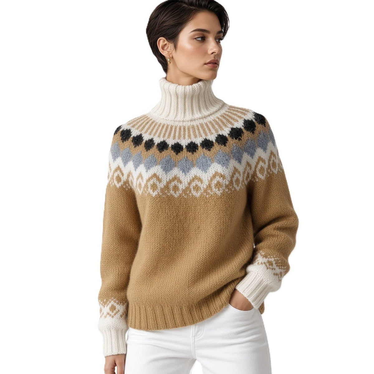 Hand-Knitted Scandinavian Sweater Turtleneck in Camel for Winter Warmth - EdelWear