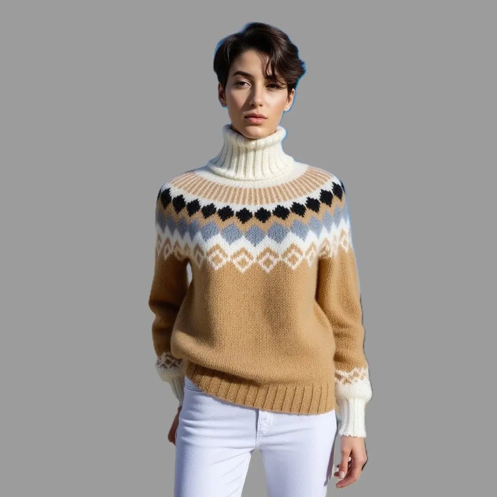 Hand - Knitted Scandinavian Sweater Turtleneck in Camel for Winter Warmth - EdelWear