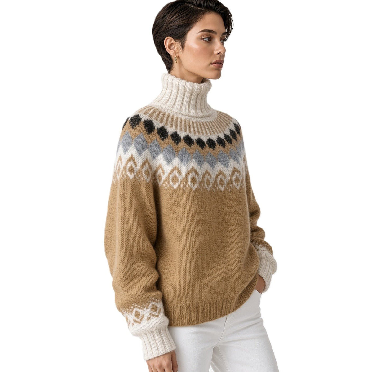 Hand-Knitted Scandinavian Sweater Turtleneck in Camel for Winter Warmth - EdelWear
