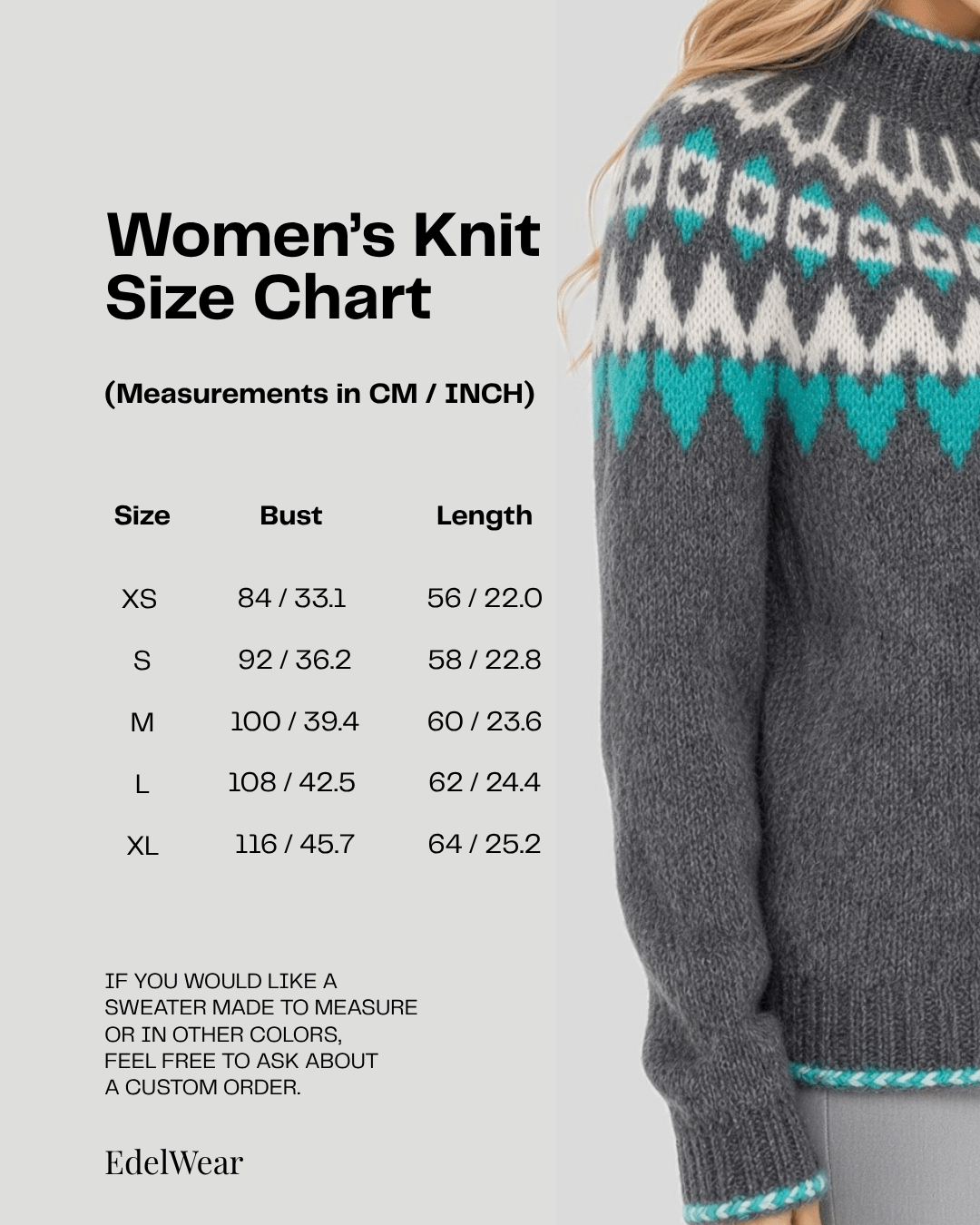 Hand Knitted Scandinavian Unisex Fair Isle Sweater Lopapeysa, Nordic Patterned Yoke, Alpaca Merino Wool Blend - EdelWear