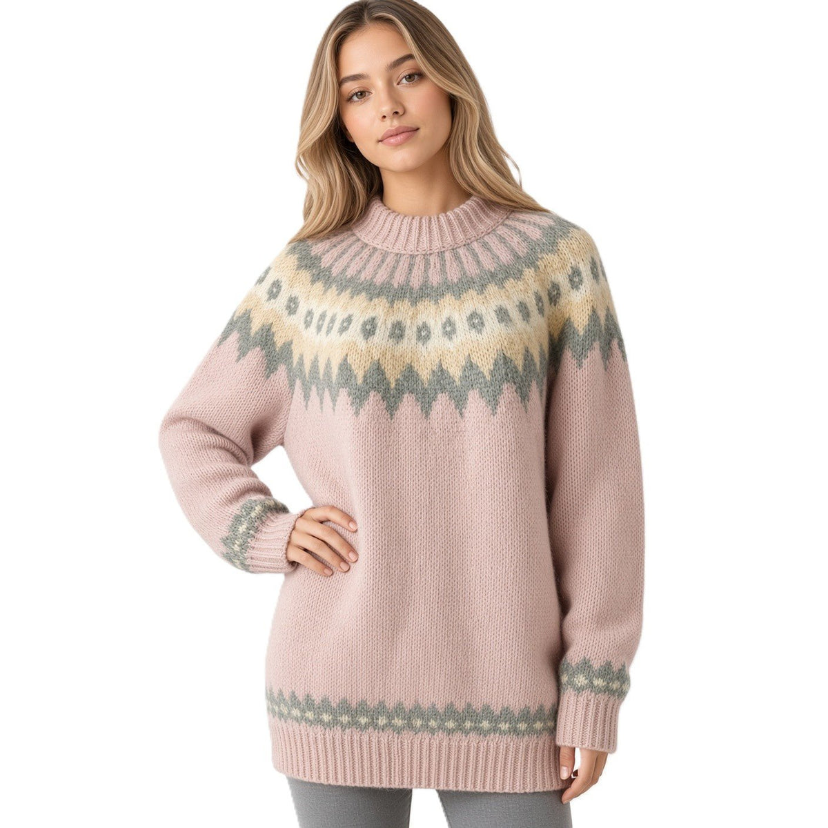 Hand Knitted Scandinavian Unisex Fair Isle Sweater Lopapeysa, Nordic Patterned Yoke, Alpaca Merino Wool Blend - EdelWear