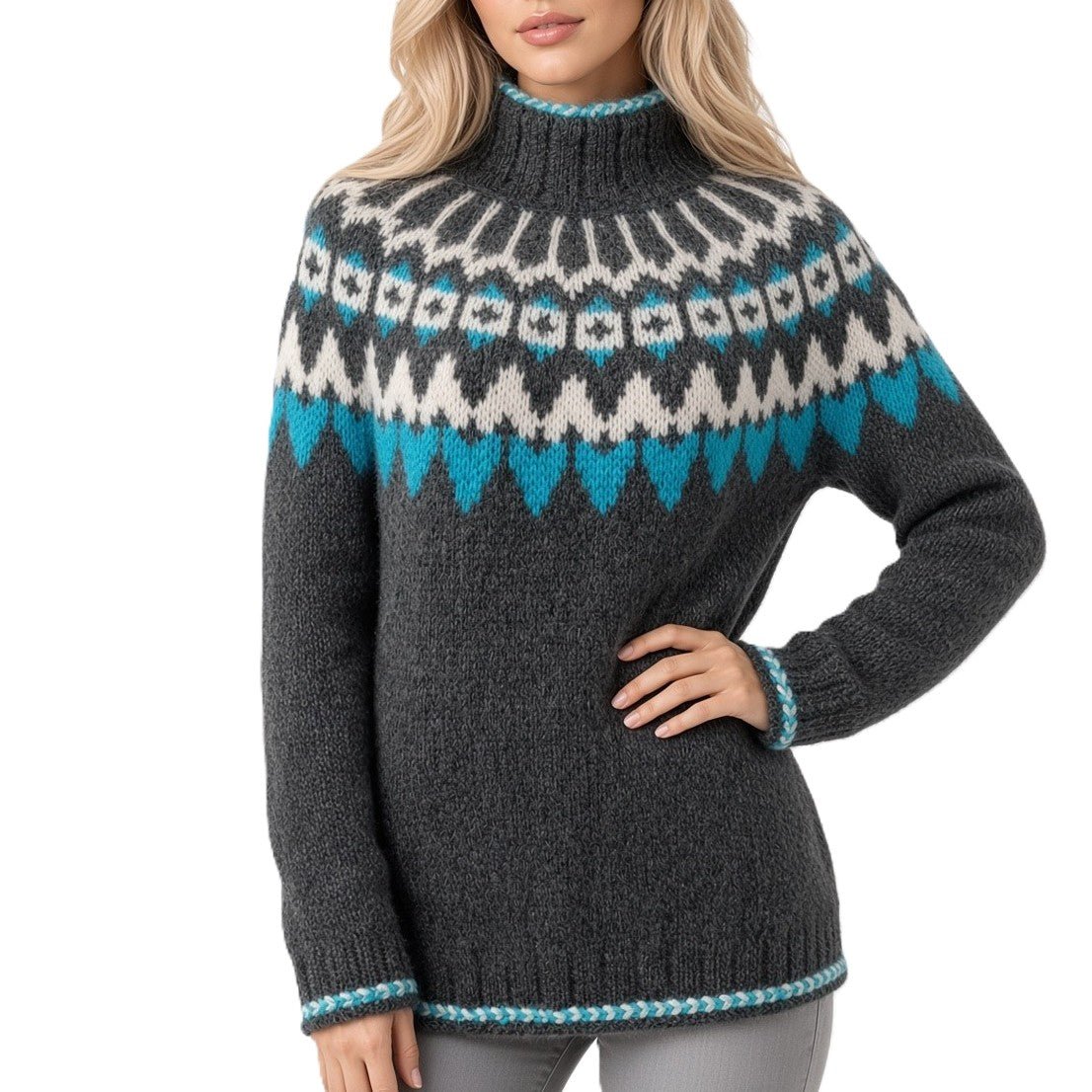 Hand Knitted Scandinavian Unisex Fair Isle Sweater Lopapeysa, Nordic Patterned Yoke, Alpaca Merino Wool Blend - EdelWear