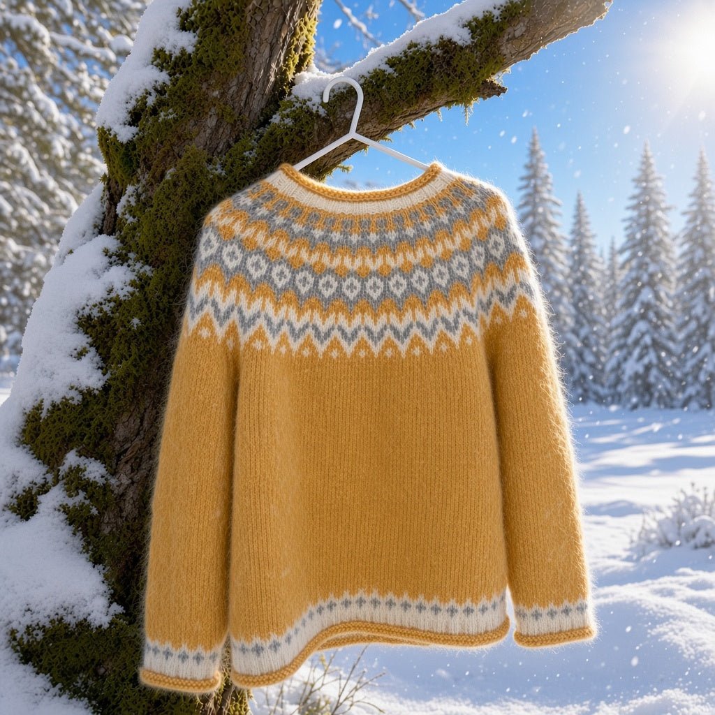 Handmade Yellow Fair Isle Sweater Icelandic Lopapeysa Unisex of Baby Alpaca / Merino, Scandinavian Wool Pullover, Traditional Nordic Ski Jumper - EdelWear