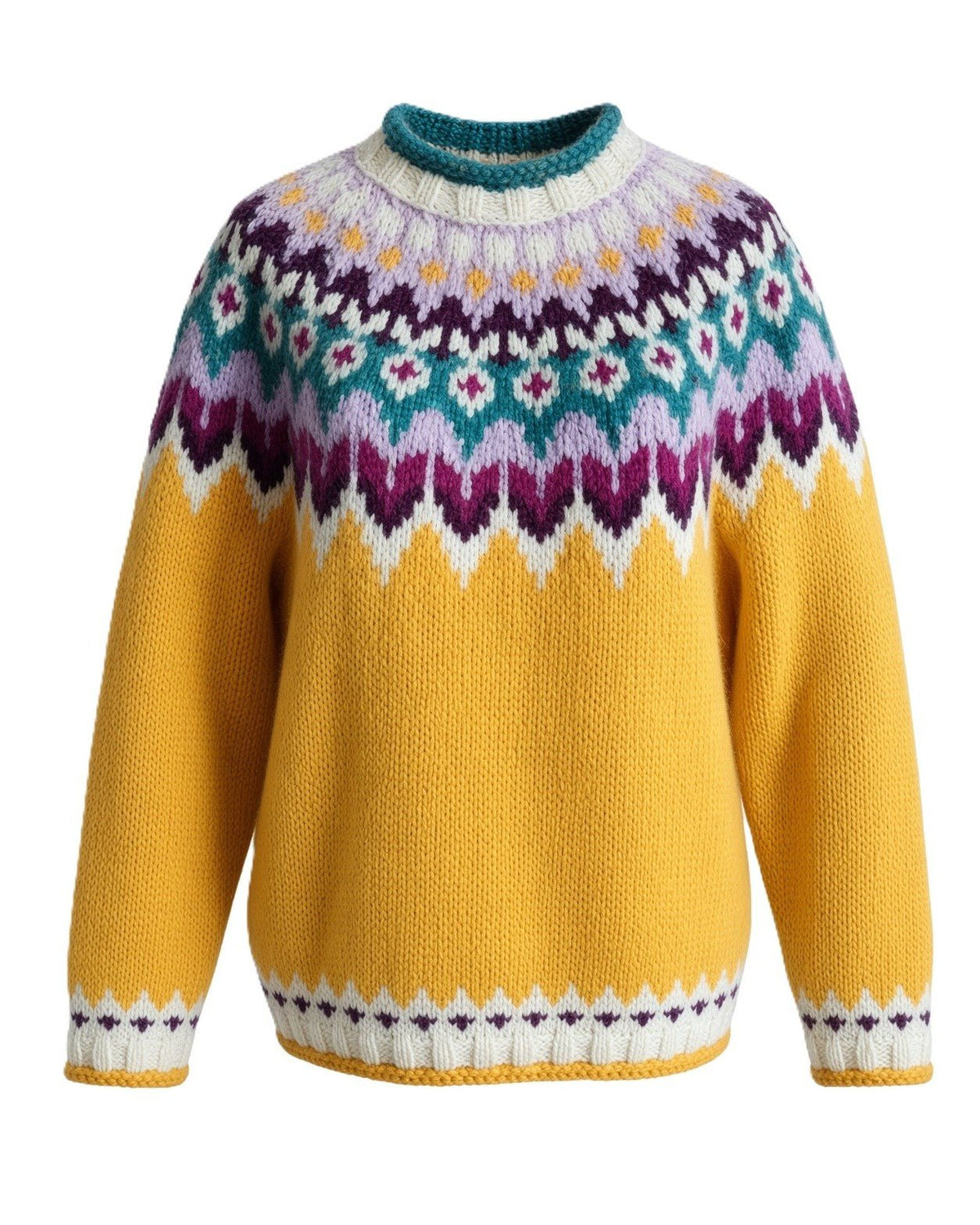 Handmade Yellow Fair Isle Sweater Icelandic Lopapeysa Unisex of Baby Alpaca / Merino, Scandinavian Wool Pullover, Traditional Nordic Ski Jumper - EdelWear