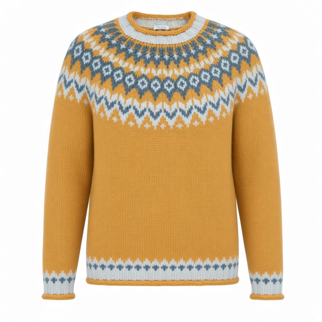 Handmade Yellow Fair Isle Sweater Icelandic Lopapeysa Unisex of Baby Alpaca / Merino, Scandinavian Wool Pullover, Traditional Nordic Ski Jumper - EdelWear