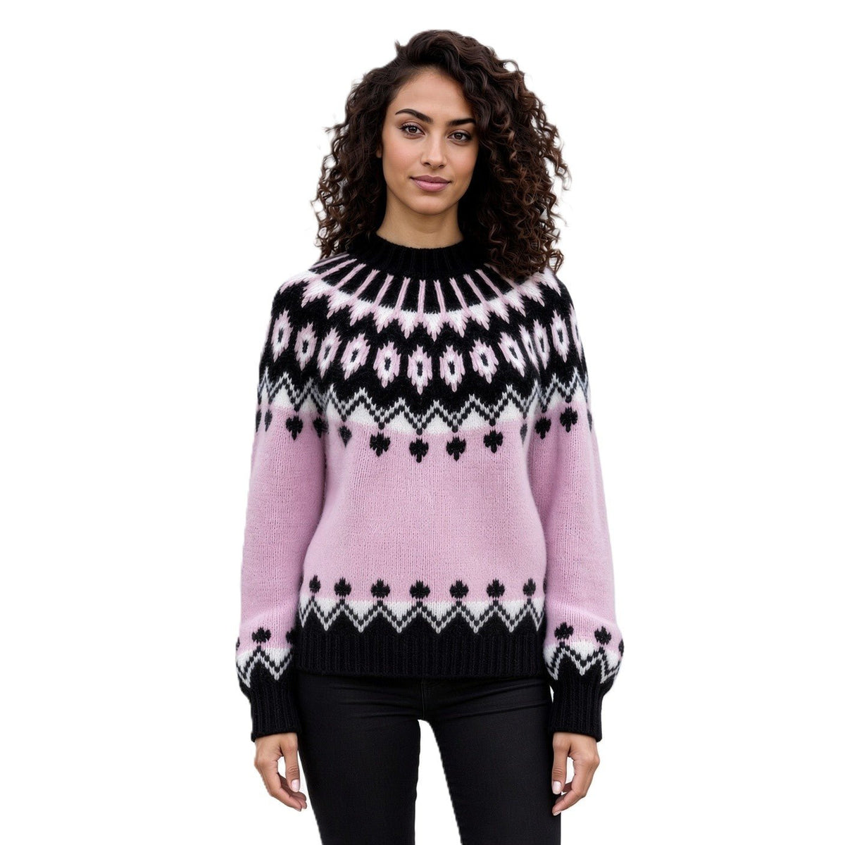 Lavender Ovesized Fair Isle Sweater, Pink Scandinavian Lopapeysa Women's, Nordic Black Patterned Yoke Hand Knitted of Alpaca / Merino - EdelWear
