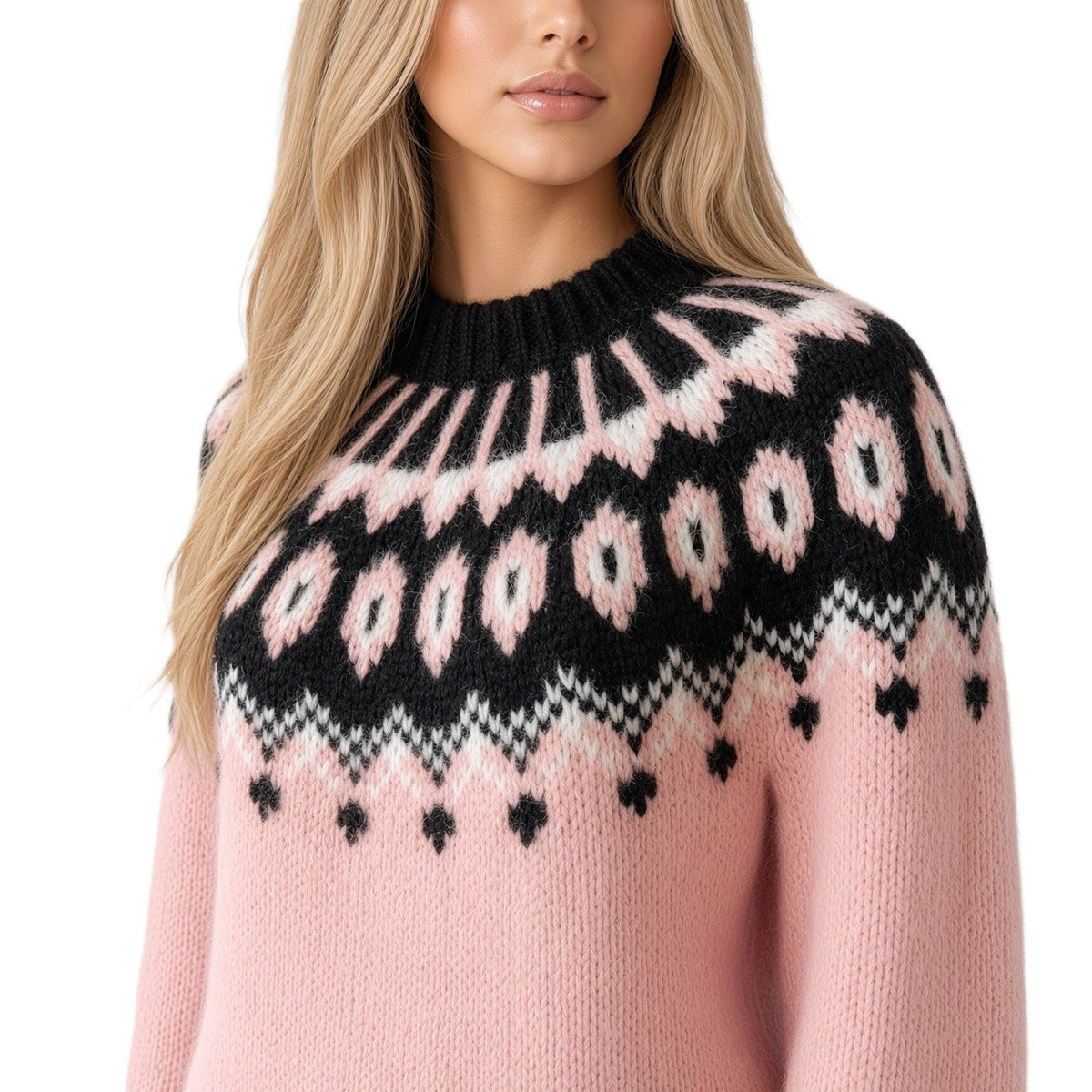 Lavender Ovesized Fair Isle Sweater, Pink Scandinavian Lopapeysa Women's, Nordic Black Patterned Yoke Hand Knitted of Alpaca / Merino - EdelWear