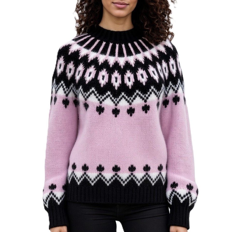 Lavender Ovesized Fair Isle Sweater, Pink Scandinavian Lopapeysa Women's, Nordic Black Patterned Yoke Hand Knitted of Alpaca / Merino - EdelWear