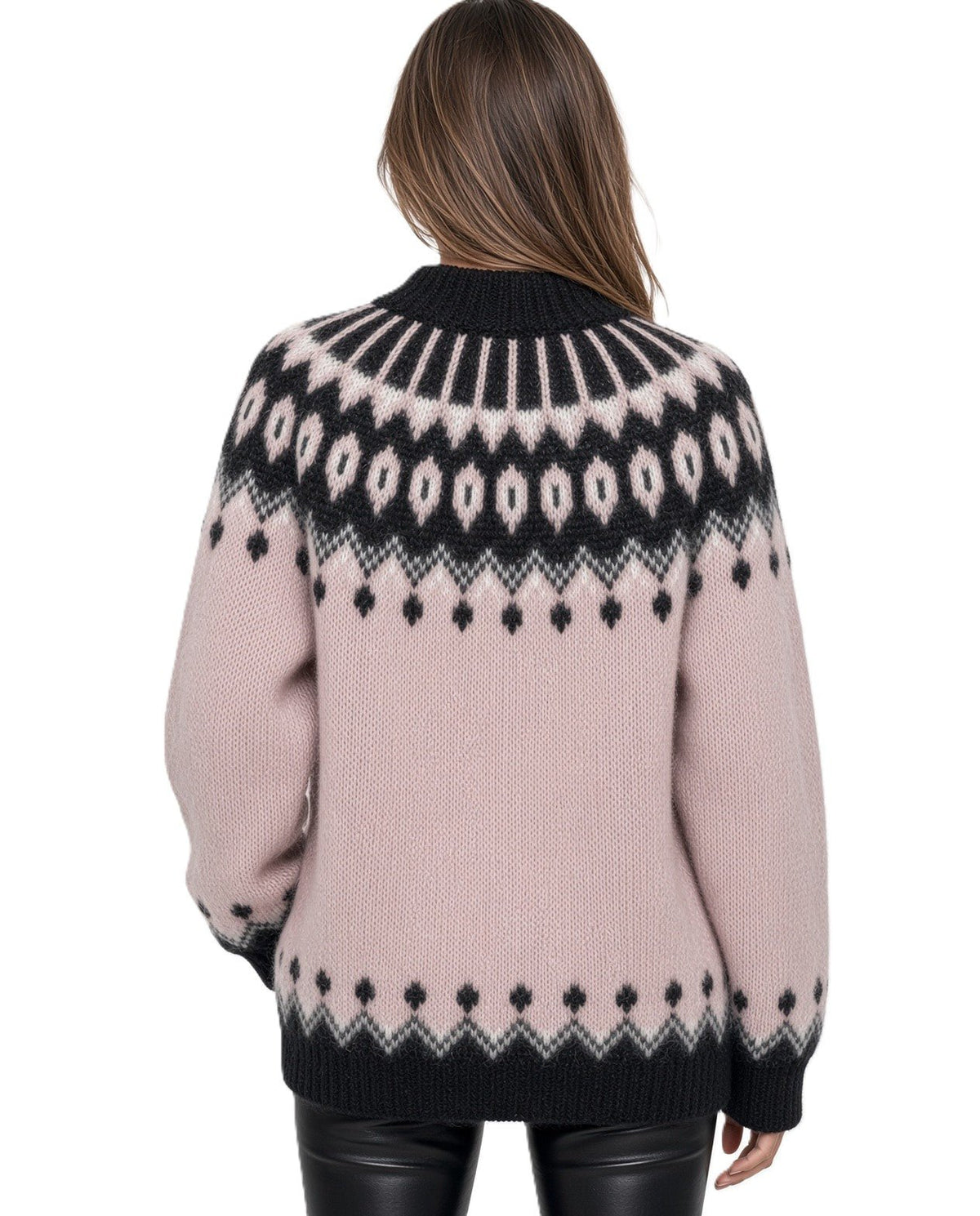 Lavender Ovesized Fair Isle Sweater, Pink Scandinavian Lopapeysa Women's, Nordic Black Patterned Yoke Hand Knitted of Alpaca / Merino - EdelWear