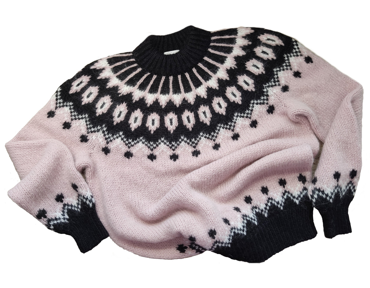 Lavender Ovesized Fair Isle Sweater, Pink Scandinavian Lopapeysa Women's, Nordic Black Patterned Yoke Hand Knitted of Alpaca / Merino - EdelWear