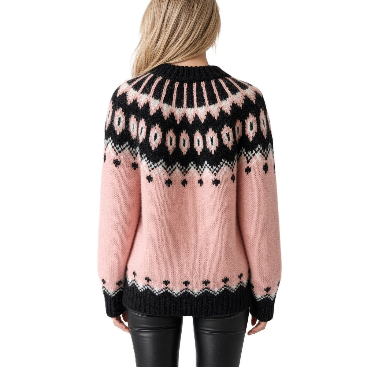 Lavender Ovesized Fair Isle Sweater, Pink Scandinavian Lopapeysa Women's, Nordic Black Patterned Yoke Hand Knitted of Alpaca / Merino - EdelWear
