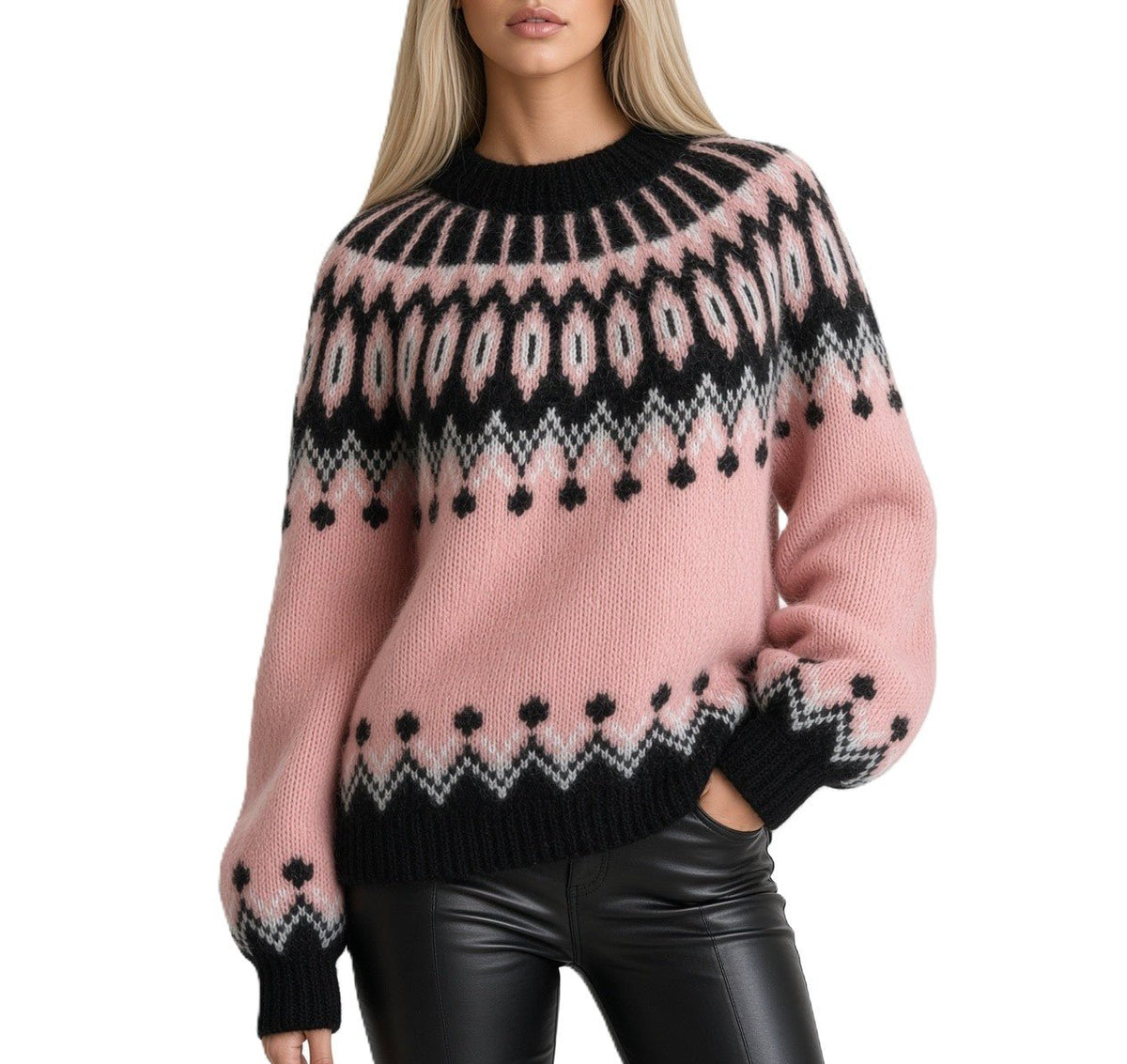 Lavender Ovesized Fair Isle Sweater, Pink Scandinavian Lopapeysa Women's, Nordic Black Patterned Yoke Hand Knitted of Alpaca / Merino - EdelWear