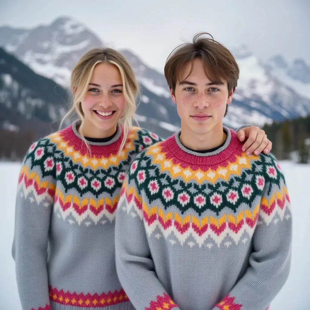 Light Blue Icelandic Adults Unisex Lopapeysa Sweater Fair Isle with Nordic Patterned Yoke Hand Knitted of Baby Alpaca & Merino Wool - EdelWear