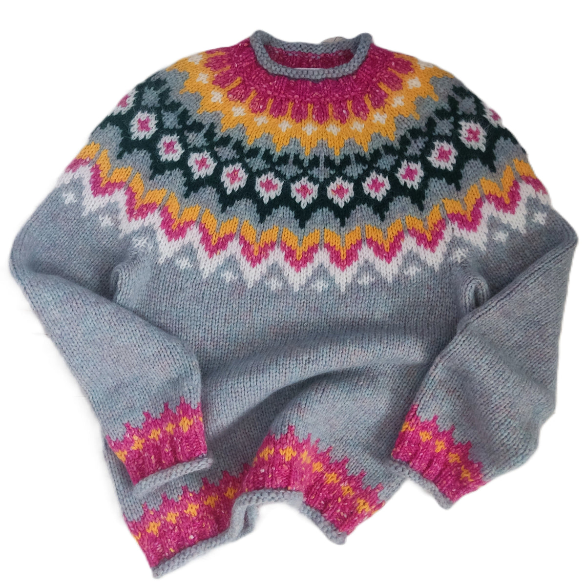 Light Blue Icelandic Wool Sweater Adults Unisex Lopapeysa Fair Isle with Nordic Patterned Yoke Hand Knitted of Baby Alpaca & Merino - EdelWear