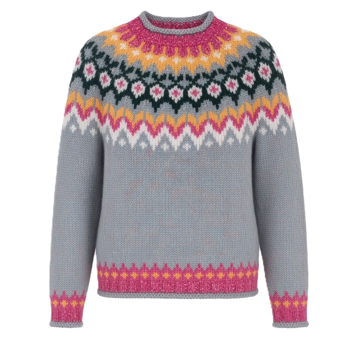 Light Blue Icelandic Wool Sweater Adults Unisex Lopapeysa Fair Isle with Nordic Patterned Yoke Hand Knitted of Baby Alpaca & Merino - EdelWear