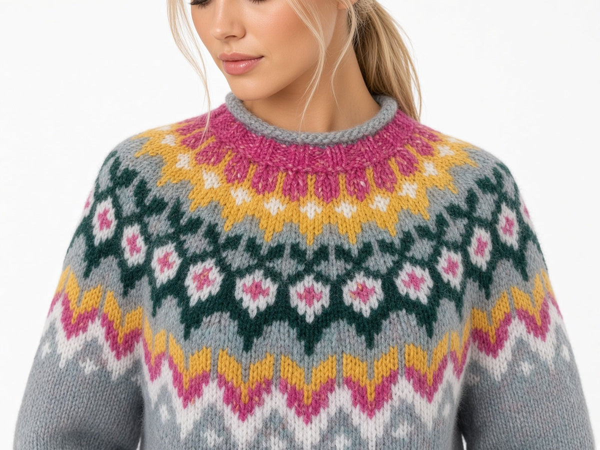 Light Blue Icelandic Wool Sweater Adults Unisex Lopapeysa Fair Isle with Nordic Patterned Yoke Hand Knitted of Baby Alpaca & Merino - EdelWear