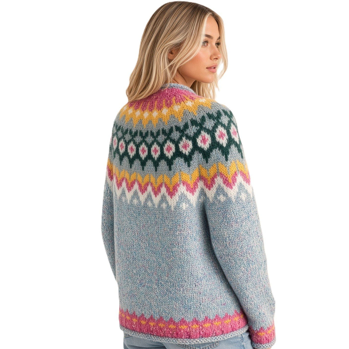 Light Blue Icelandic Wool Sweater Adults Unisex Lopapeysa Fair Isle with Nordic Patterned Yoke Hand Knitted of Baby Alpaca & Merino - EdelWear