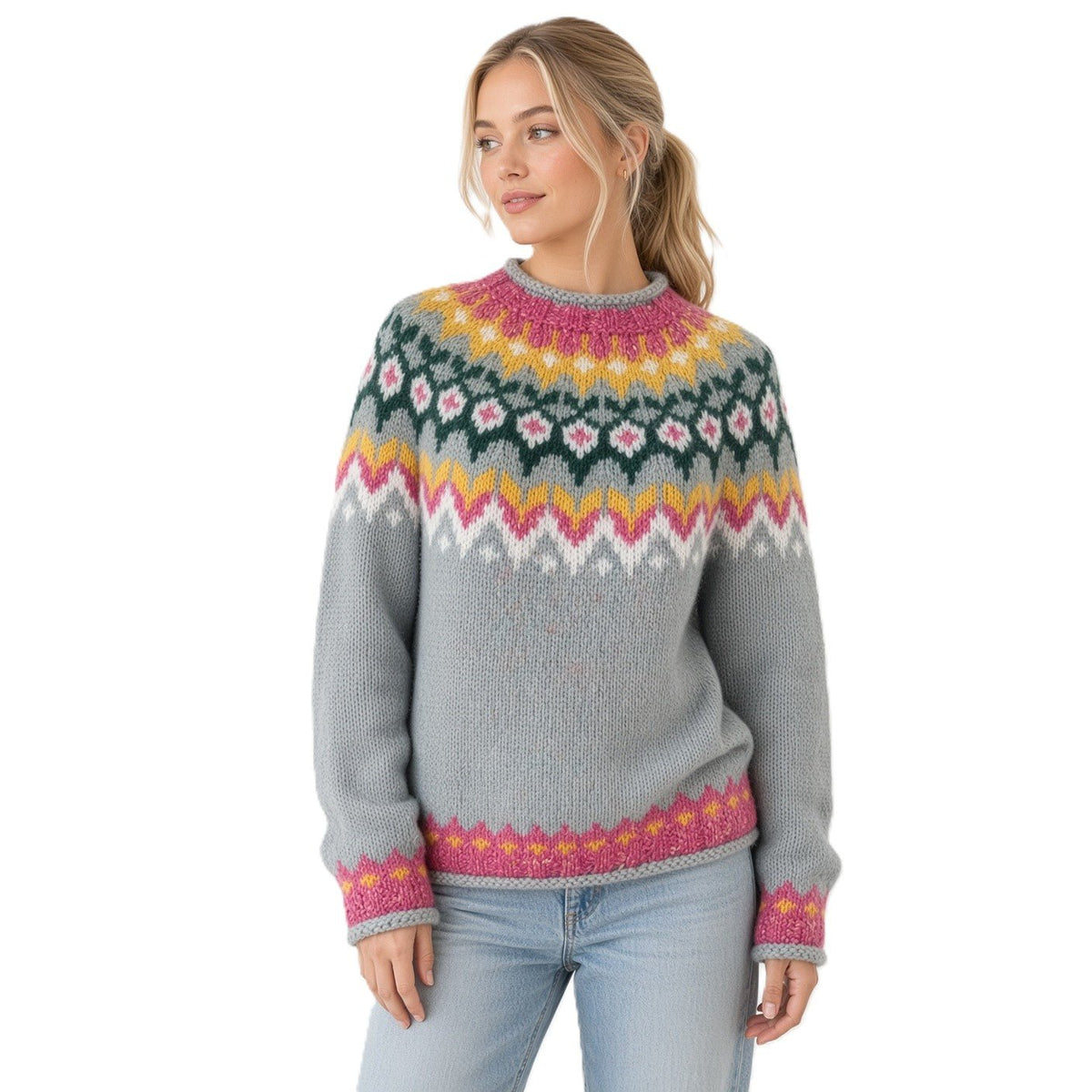 Light Blue Icelandic Wool Sweater Adults Unisex Lopapeysa Fair Isle with Nordic Patterned Yoke Hand Knitted of Baby Alpaca & Merino - EdelWear