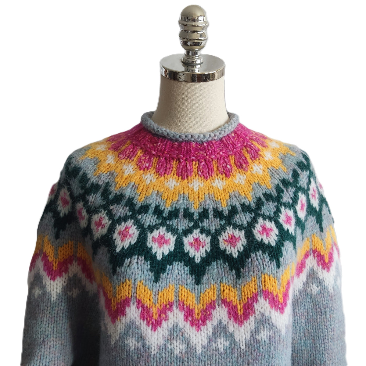Light Blue Icelandic Wool Sweater Adults Unisex Lopapeysa Fair Isle with Nordic Patterned Yoke Hand Knitted of Baby Alpaca & Merino - EdelWear