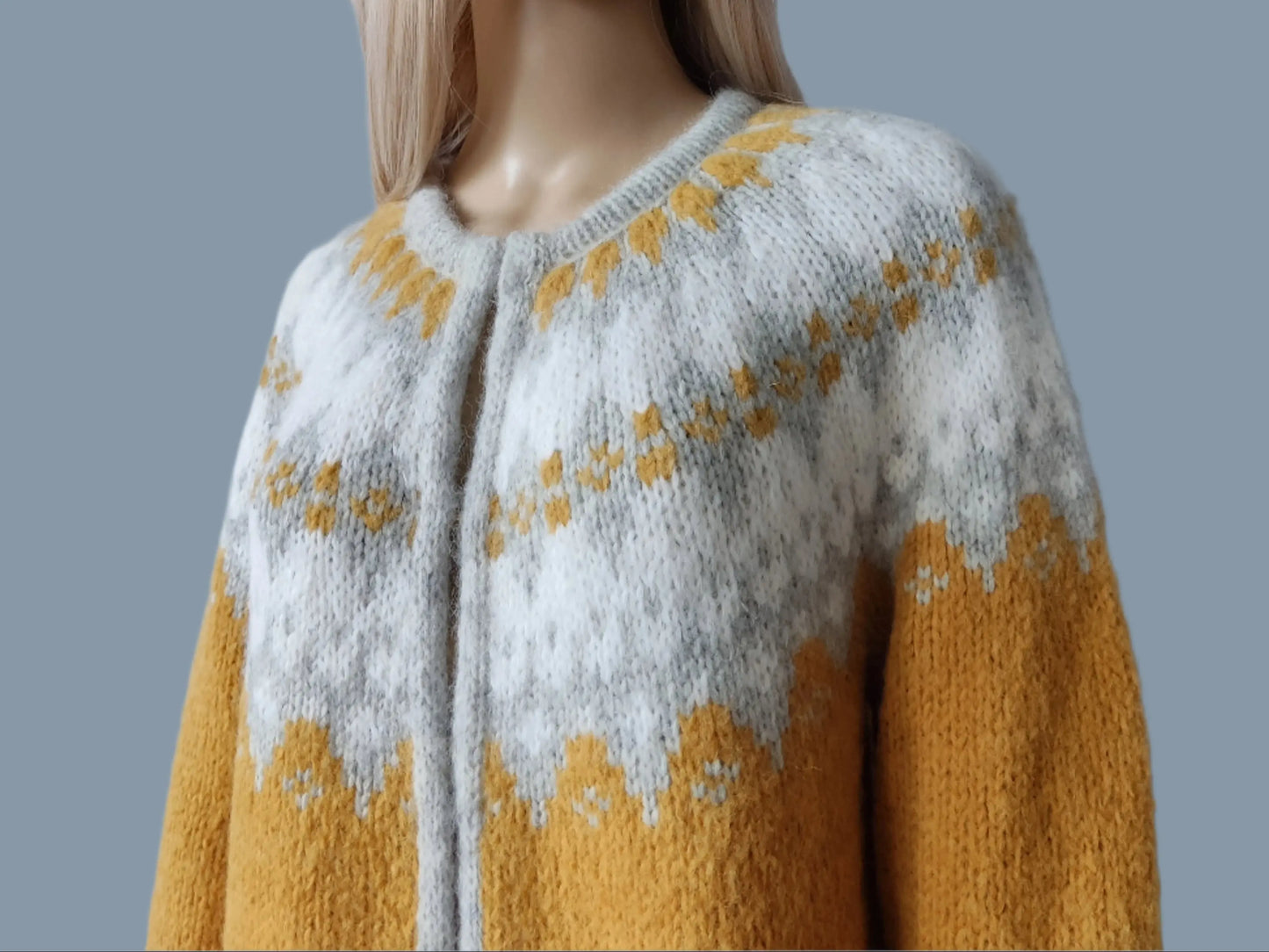 Long Scandinavian Fair Isle Jacket with Frog Closure Hand Knitted From Royal Alpaca & Merino Wool Blend - EdelWear