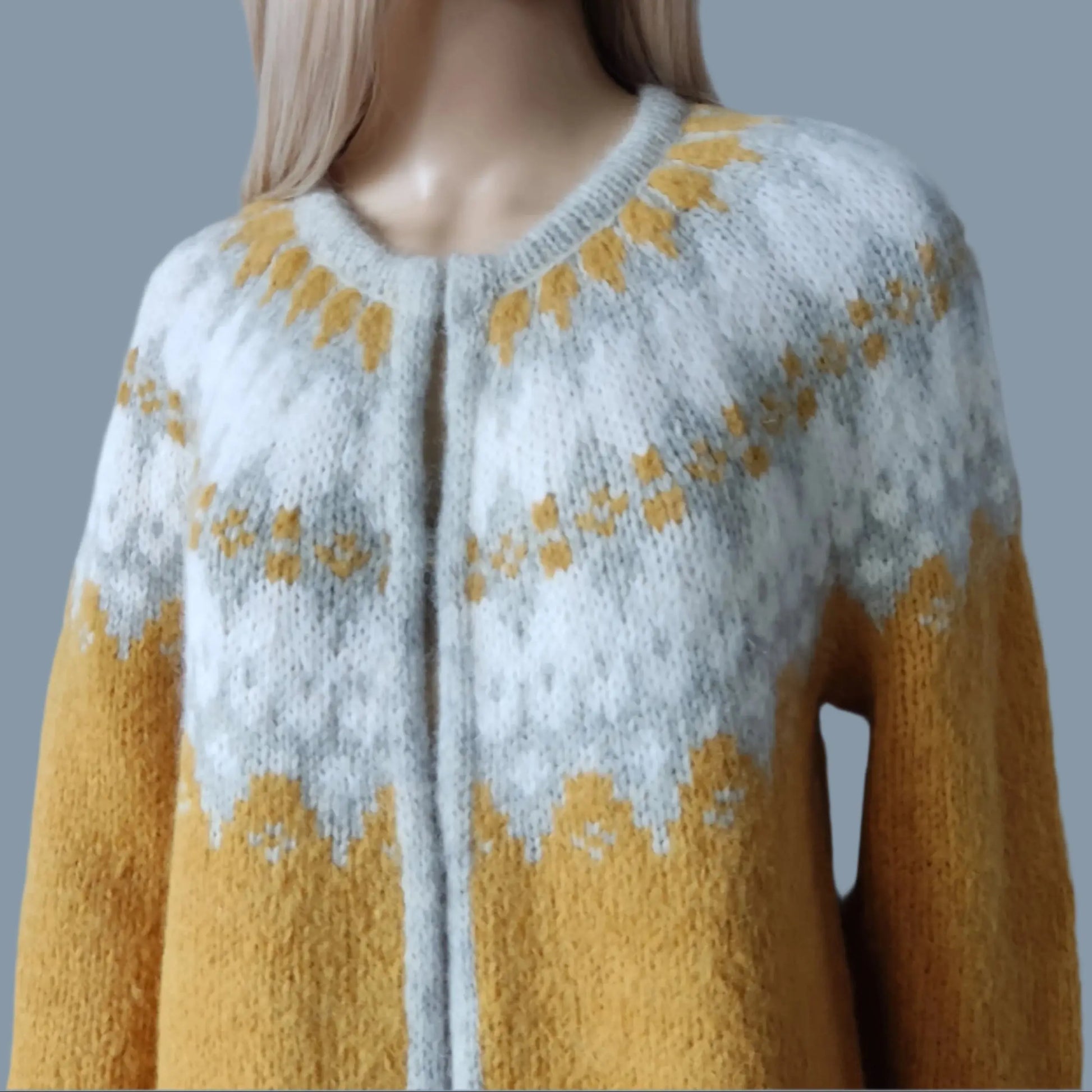 Long Scandinavian Fair Isle Jacket with Frog Closure Hand Knitted From Royal Alpaca & Merino Wool Blend - EdelWear