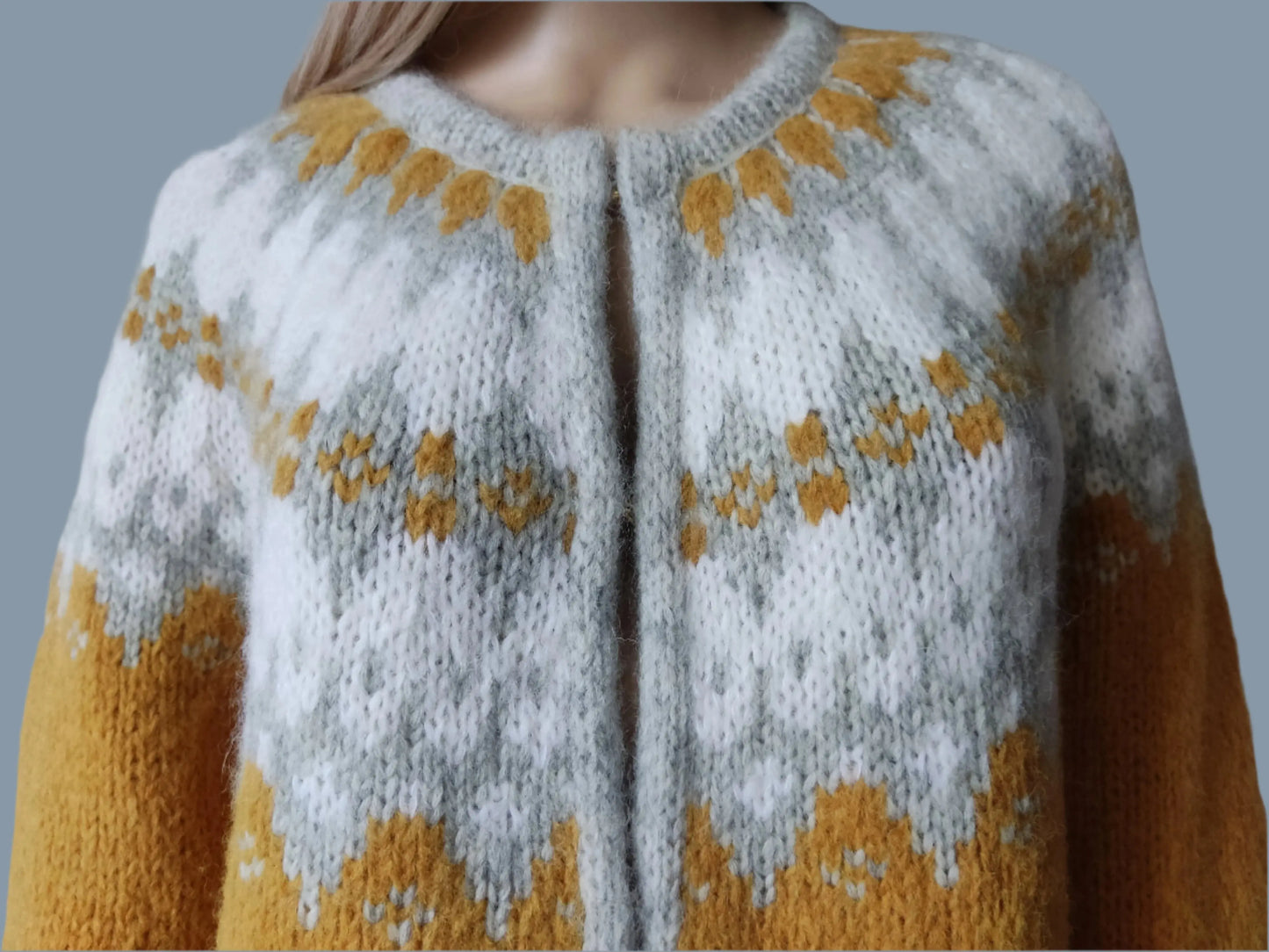 Long Scandinavian Fair Isle Jacket with Frog Closure Hand Knitted From Royal Alpaca & Merino Wool Blend - EdelWear