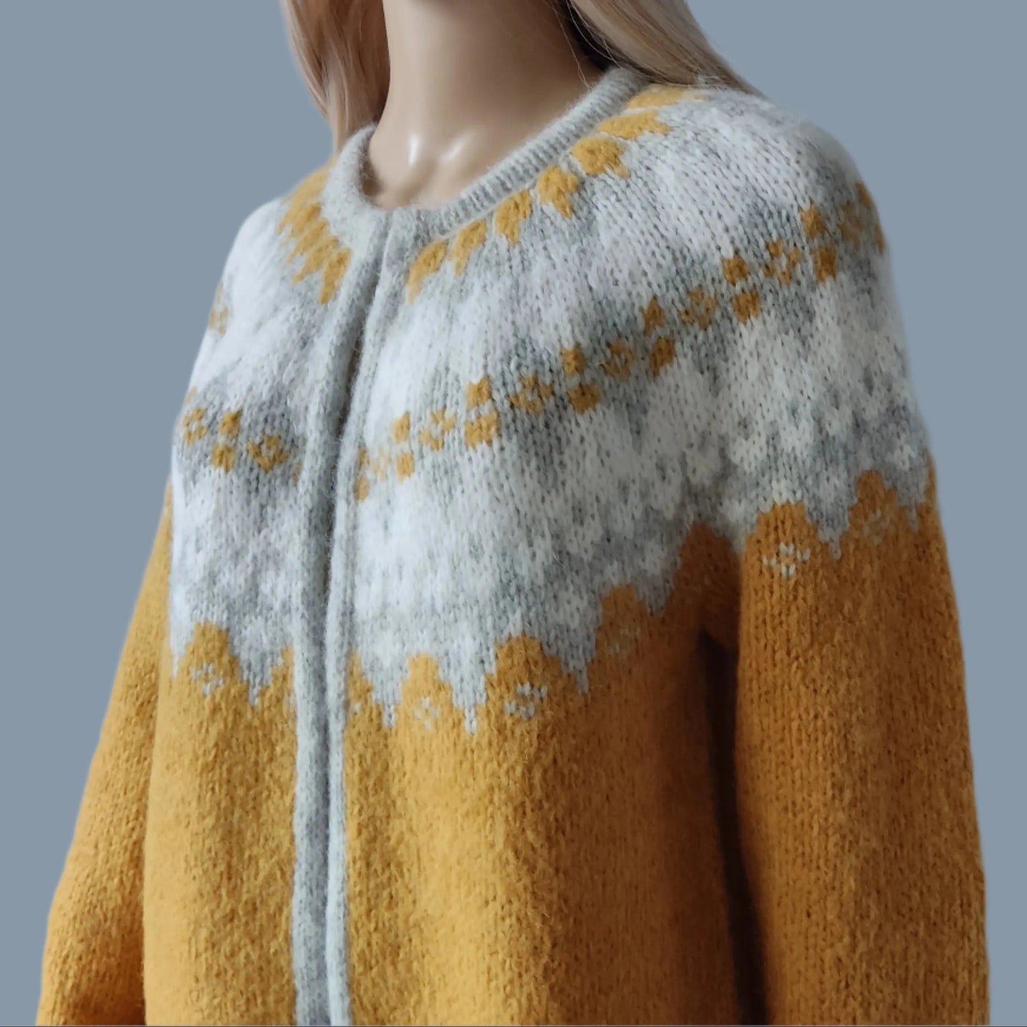 Long Scandinavian Fair Isle Jacket with Frog Closure Hand Knitted From Royal Alpaca & Merino Wool Blend - EdelWear