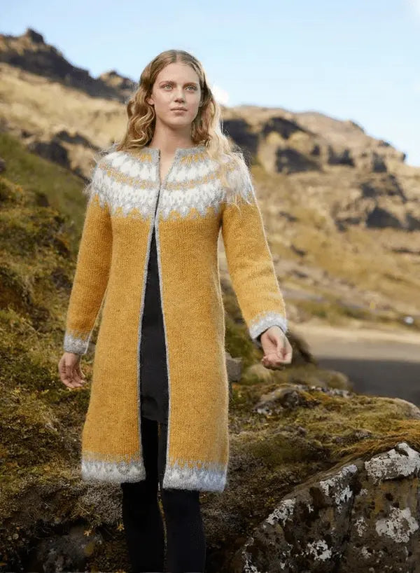 Long Scandinavian Fair Isle Jacket with Frog Closure Hand Knitted From Royal Alpaca & Merino Wool Blend - EdelWear