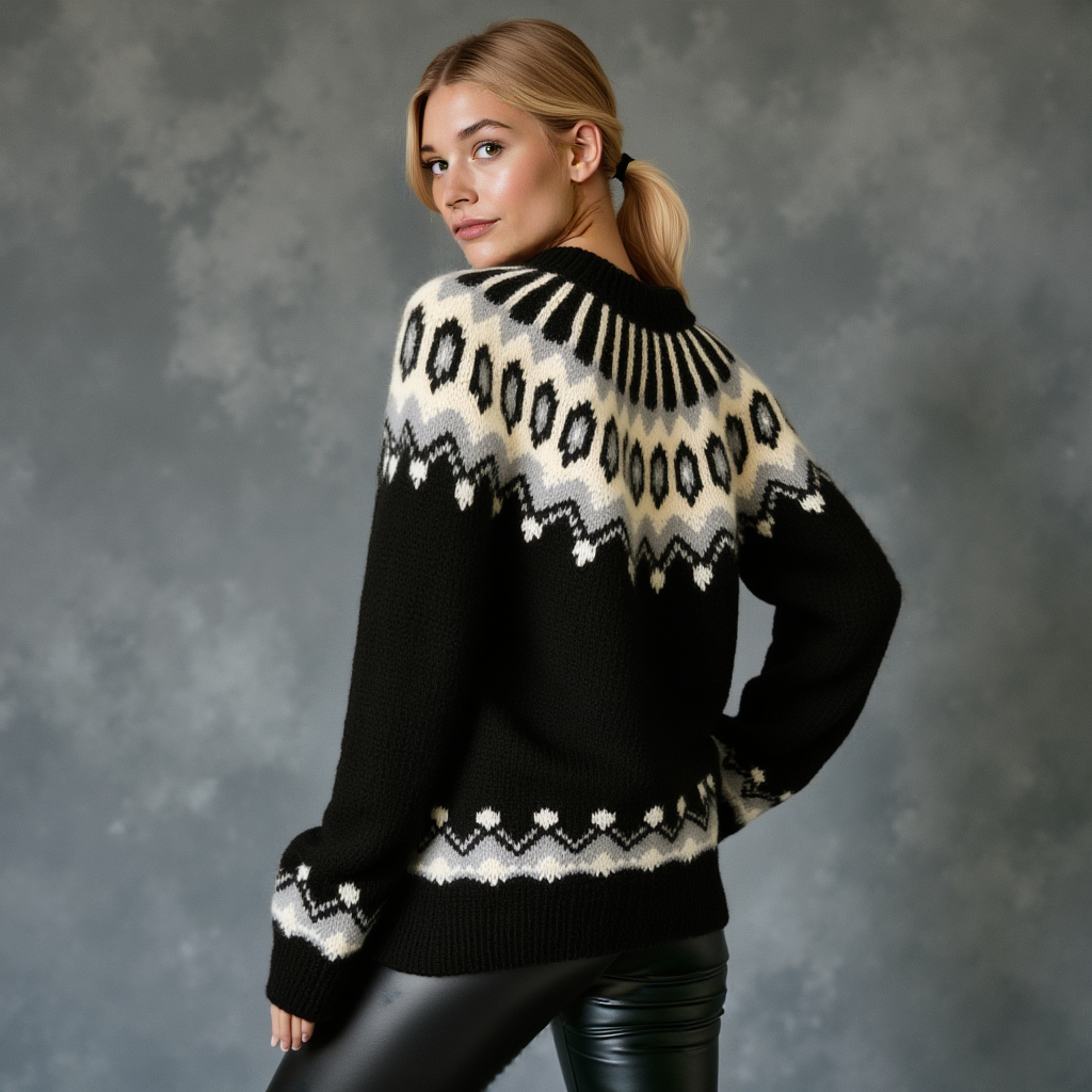 Hand-knitted black oversized unisex Scandinavian Lopapeysa sweater with a thick-knit white and gray Nordic round yoke, featuring black ribbed cuffs, collar, and hem, made from soft hypoallergenic baby alpaca and merino wool.