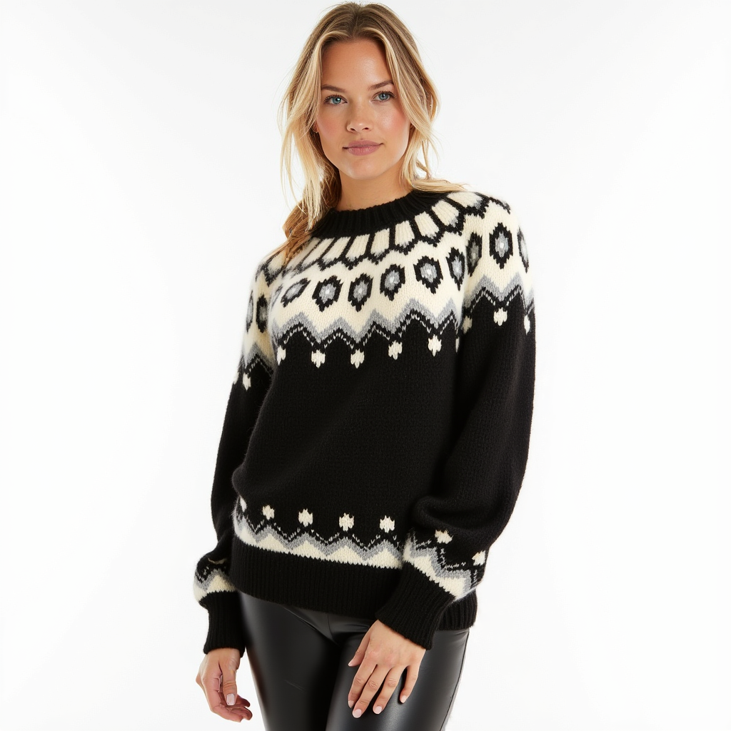 Hand-knitted black oversized unisex Scandinavian Lopapeysa sweater with a thick-knit white and gray Nordic round yoke, featuring black ribbed cuffs, collar, and hem, made from soft hypoallergenic baby alpaca and merino wool.