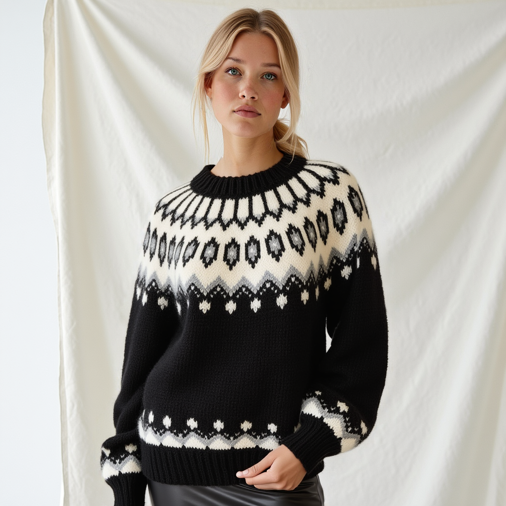 Hand-knitted black oversized unisex Scandinavian Lopapeysa sweater with a thick-knit white and gray Nordic round yoke, featuring black ribbed cuffs, collar, and hem, made from soft hypoallergenic baby alpaca and merino wool.
