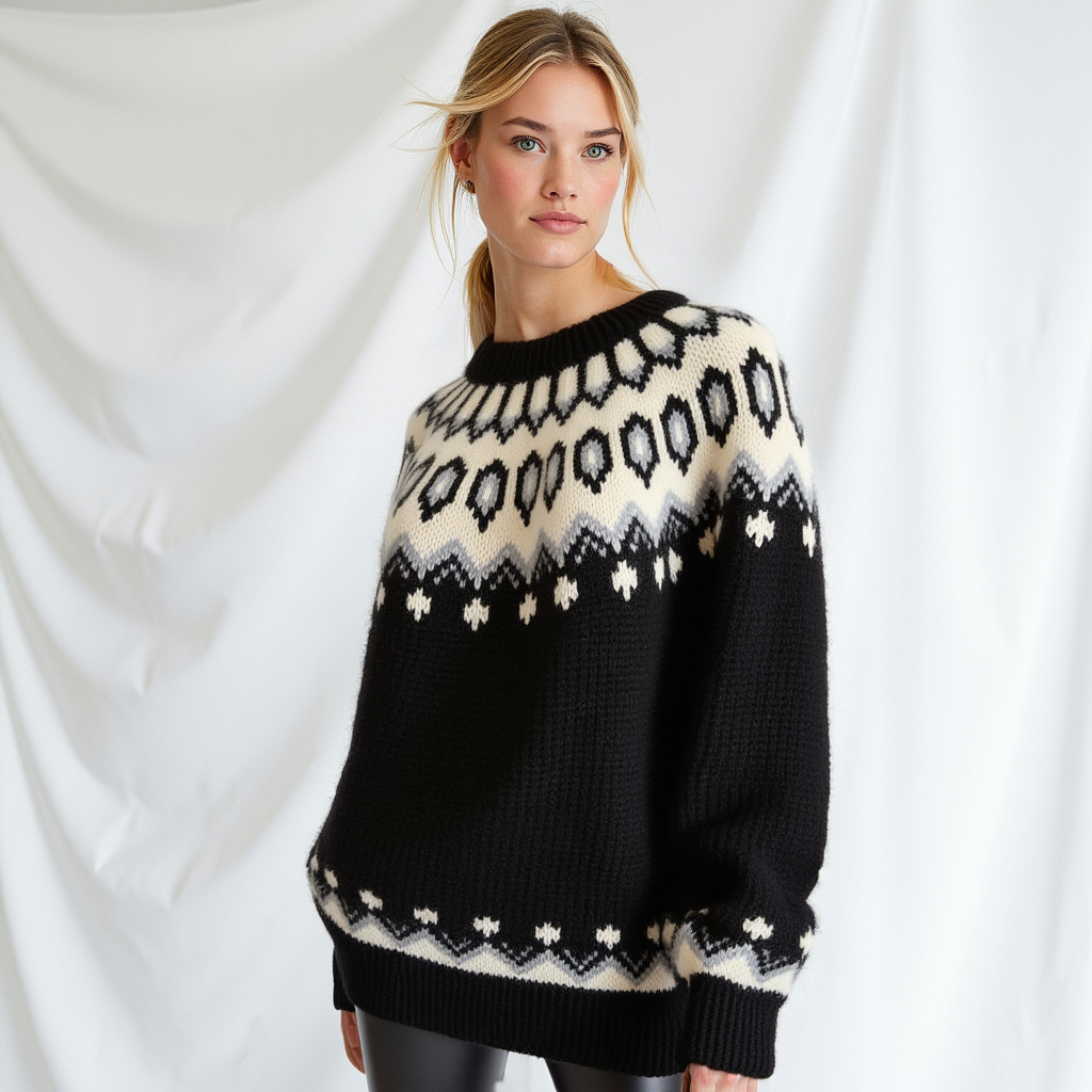 Hand-knitted black oversized unisex Scandinavian Lopapeysa sweater with a thick-knit white and gray Nordic round yoke, featuring black ribbed cuffs, collar, and hem, made from soft hypoallergenic baby alpaca and merino wool.