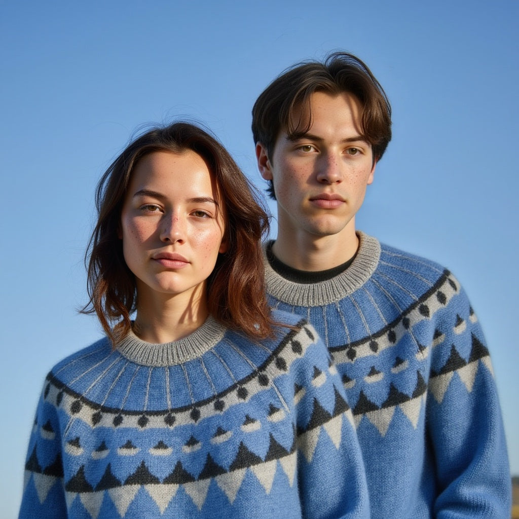 Two people wearing matching blue patterned sweaters against a clear blue sky.