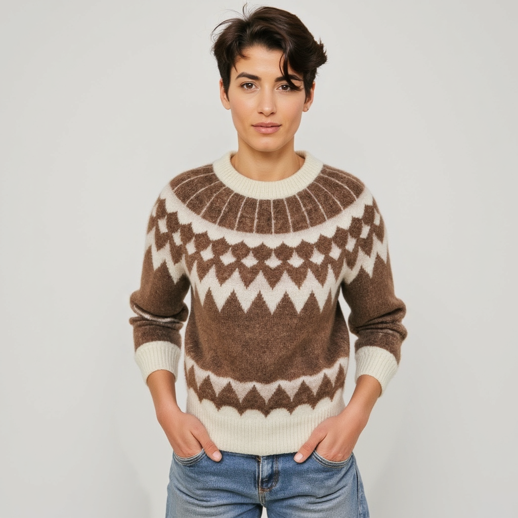 Person wearing a brown and white patterned sweater against a plain background