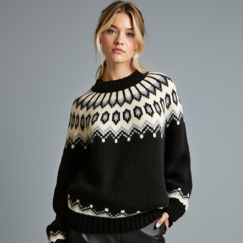 Hand-knitted black oversized unisex Scandinavian Lopapeysa sweater with a thick-knit white and gray Nordic round yoke, featuring black ribbed cuffs, collar, and hem, made from soft hypoallergenic baby alpaca and merino wool.