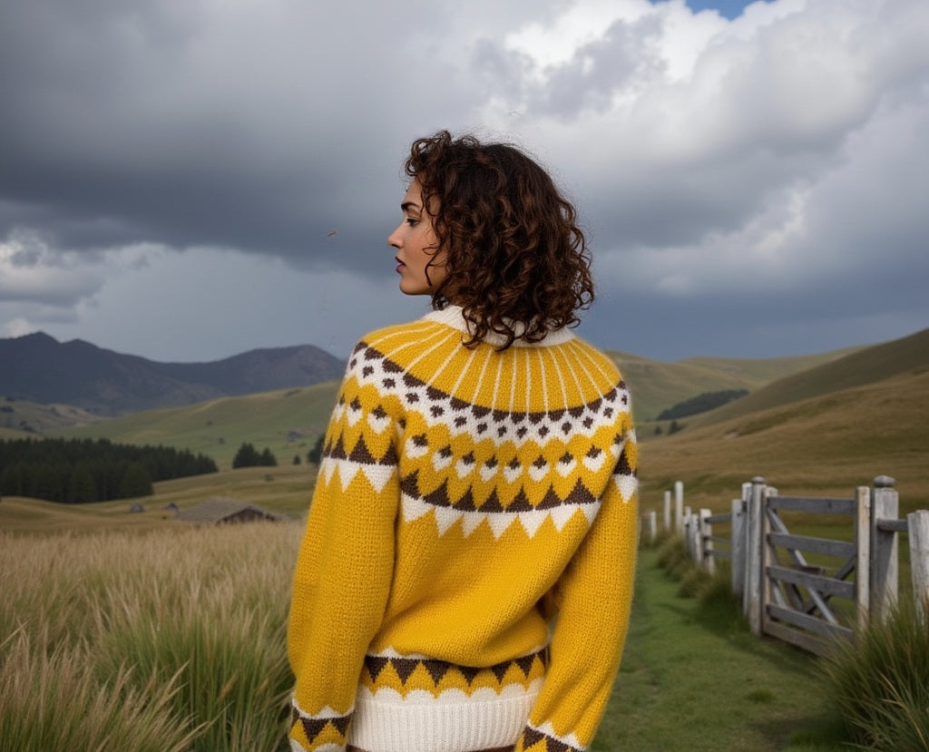 Woman wearing a yellow patterned sweater standing in a scenic landscape with mountains and a cloudy sky.