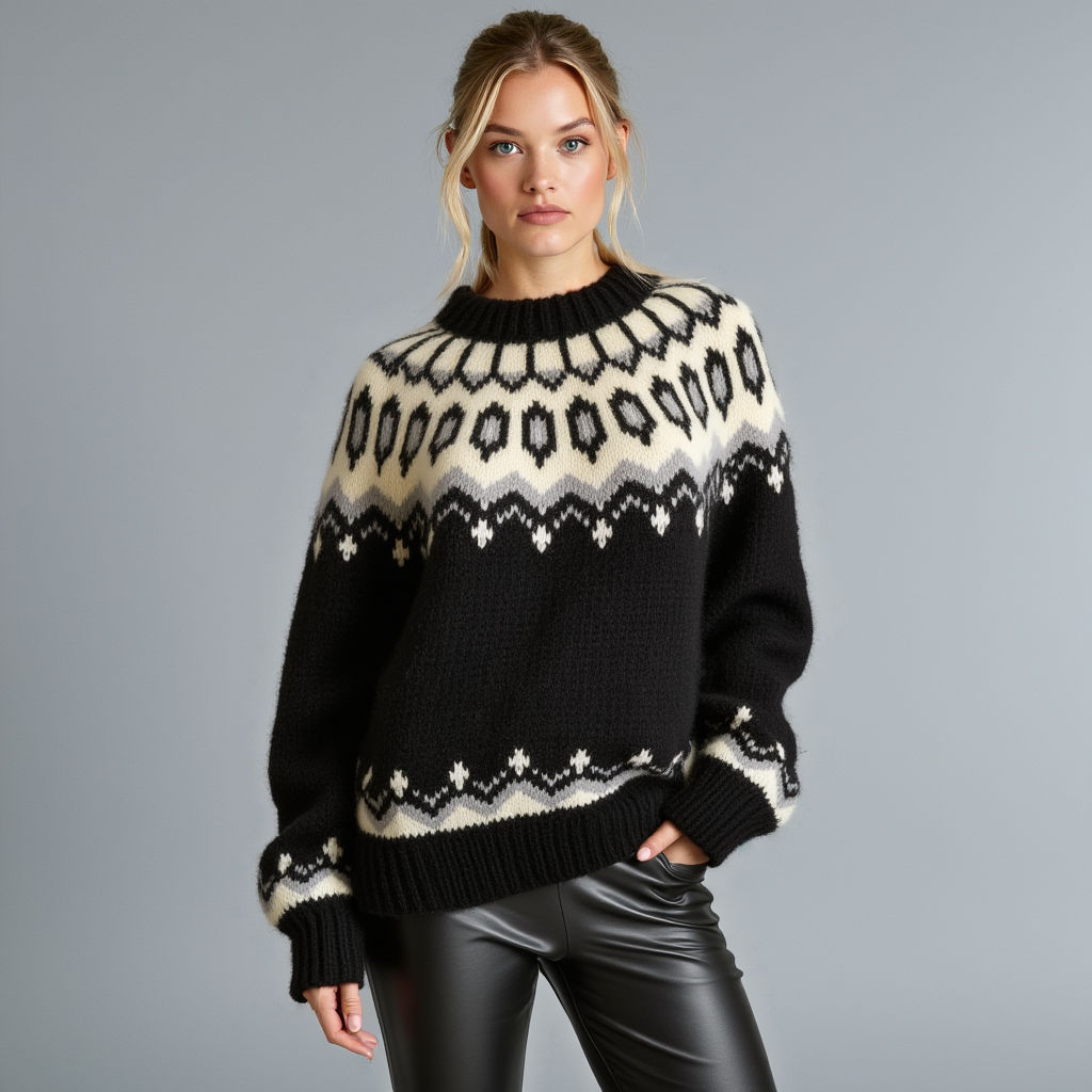 Hand-knitted black oversized unisex Scandinavian Lopapeysa sweater with a thick-knit white and gray Nordic round yoke, featuring black ribbed cuffs, collar, and hem, made from soft hypoallergenic baby alpaca and merino wool.