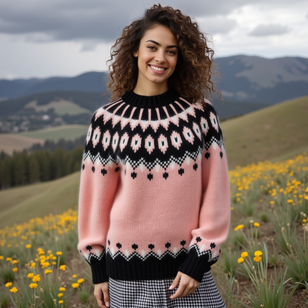 Hand-knitted gentle rose pink women’s Scandinavian Lopapeysa sweater with a fluffy black and white Nordic round yoke, featuring black ribbed cuffs, collar, and hem, made from soft hypoallergenic baby alpaca, merino wool, and kid mohair.
