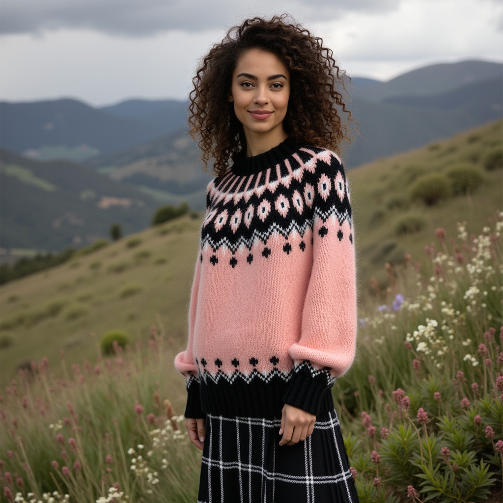 Hand-knitted gentle rose pink women’s Scandinavian Lopapeysa sweater with a fluffy black and white Nordic round yoke, featuring black ribbed cuffs, collar, and hem, made from soft hypoallergenic baby alpaca, merino wool, and kid mohair.