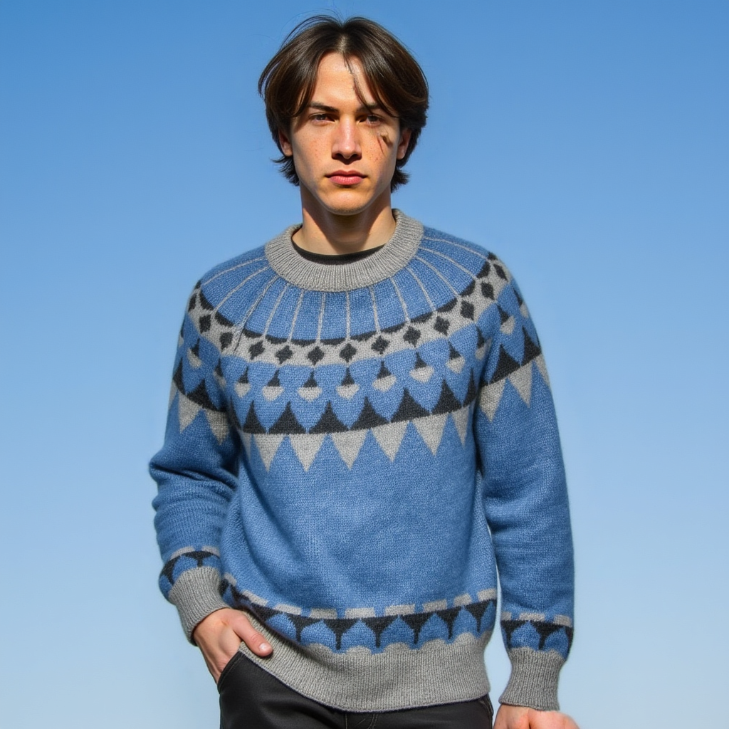 Person wearing a blue and gray patterned sweater against a clear blue sky