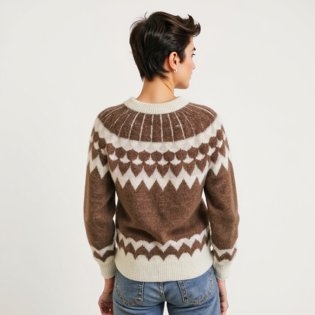 Person wearing a brown and white patterned sweater on a plain background