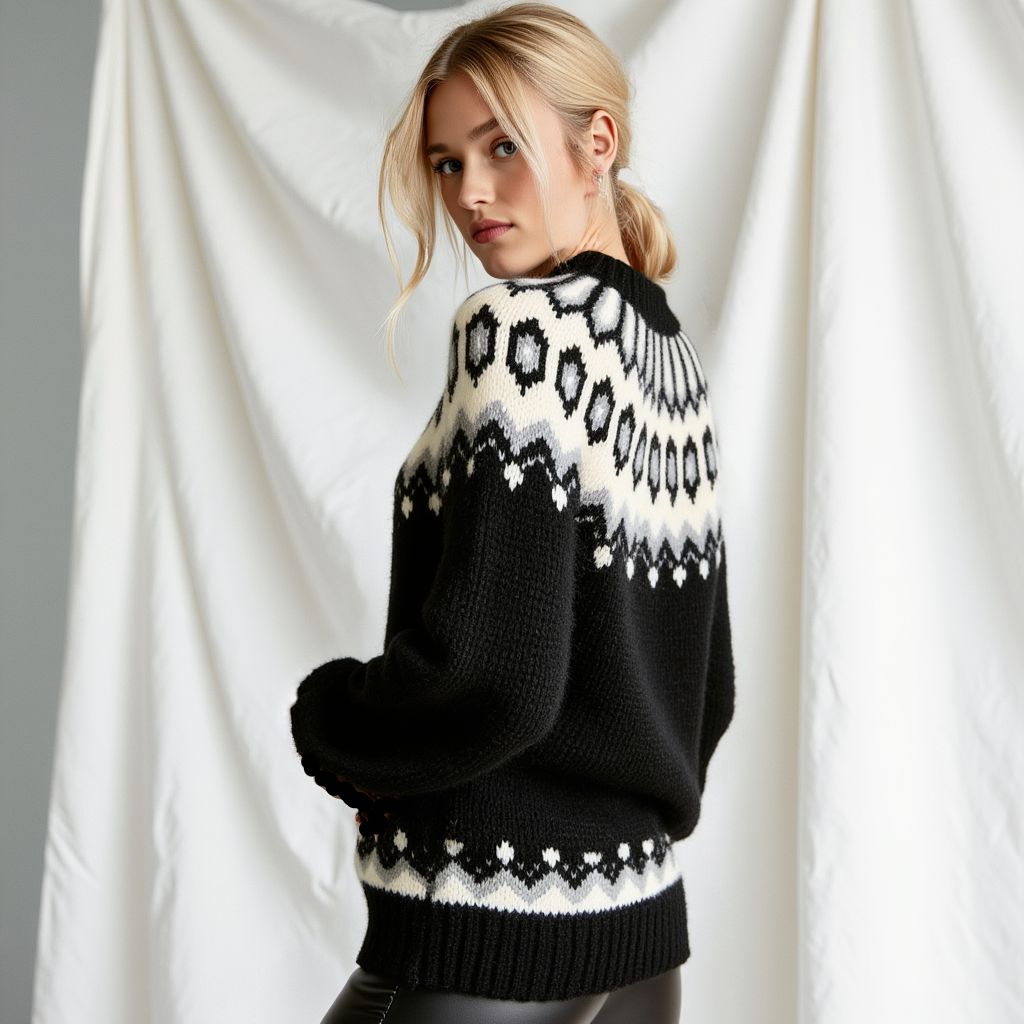 Hand-knitted black oversized unisex Scandinavian Lopapeysa sweater with a thick-knit white and gray Nordic round yoke, featuring black ribbed cuffs, collar, and hem, made from soft hypoallergenic baby alpaca and merino wool.